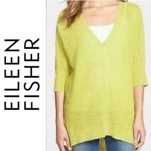 Eileen Fisher Organic Linen Blend Knit Deep V-Neck Honey Dew Yellow Top